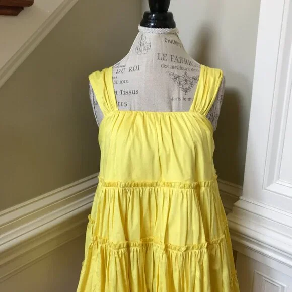 Aje Le Mempris Tiered Mini Dress Womens 4 Citrus Yellow Lemon Cotton Sleeveless